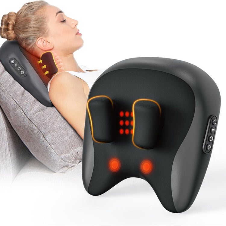 Neck Massager Shoulder And Neck Massage Pillow Lumbar Spine Massage Instrument in use by a woman relaxing on a couch.