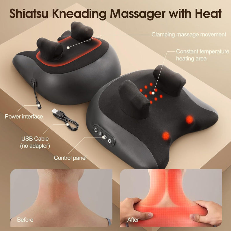 Neck Massager Shoulder And Neck Massage Pillow Lumbar Spine Massage Instrument features Shiatsu kneading with heat.