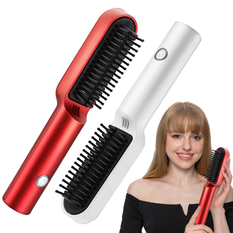USB Portable Hot Air Comb Rechargable Professional Hair Dryer in red and white with a model showcasing the product.