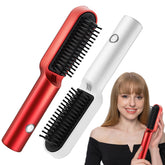 USB Portable Hot Air Comb Rechargable Professional Hair Dryer in red and white with a model showcasing the product.