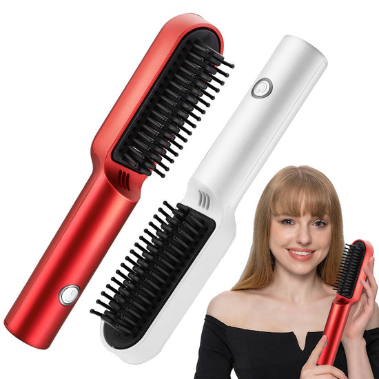 USB Portable Hot Air Comb Rechargable Professional Hair Dryer in red and white with a model showcasing the product.