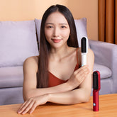 USB Portable Hot Air Comb Rechargable Professional Hair Dryer in use with model showcasing two colors.