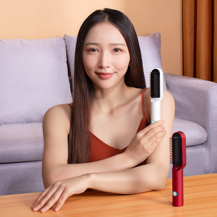 USB Portable Hot Air Comb Rechargable Professional Hair Dryer in use with model showcasing two colors.